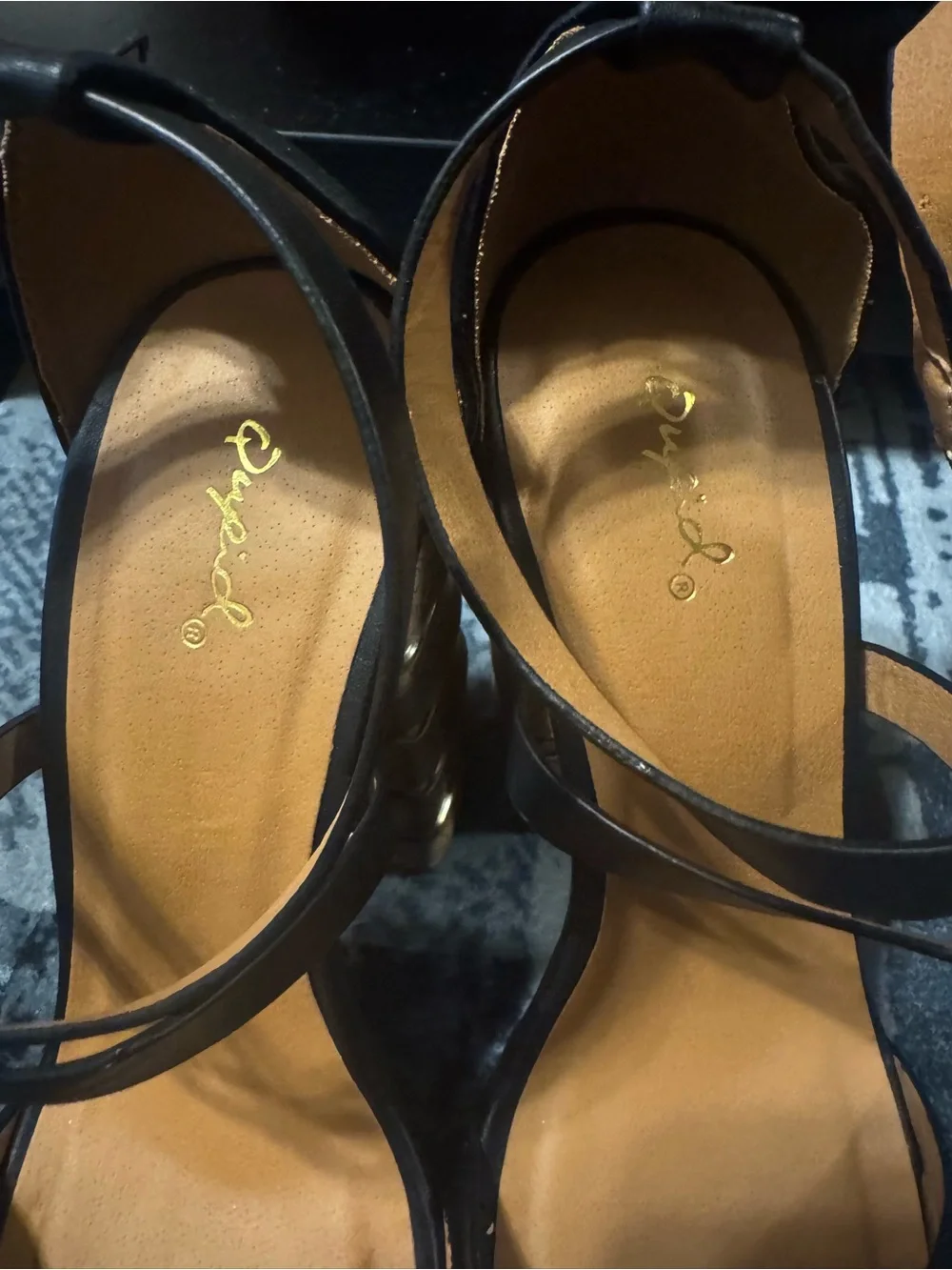 Qupid Black Platform Sandals with Cork Block Heel and Gold Accents